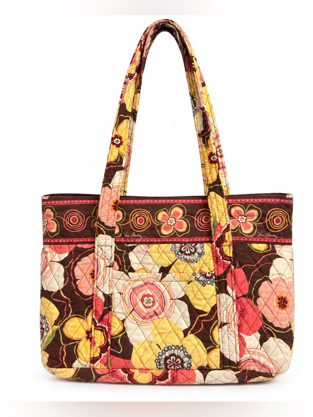 Vera Bradley Brown Floral Quilted Tote in Yellow, Pink & Cream